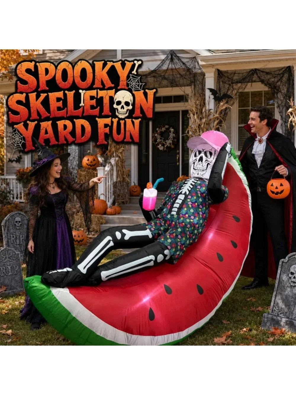 6.9FT Inflatable Skeleton on Watermelon, LED Halloween Yard Decor, Blow Up